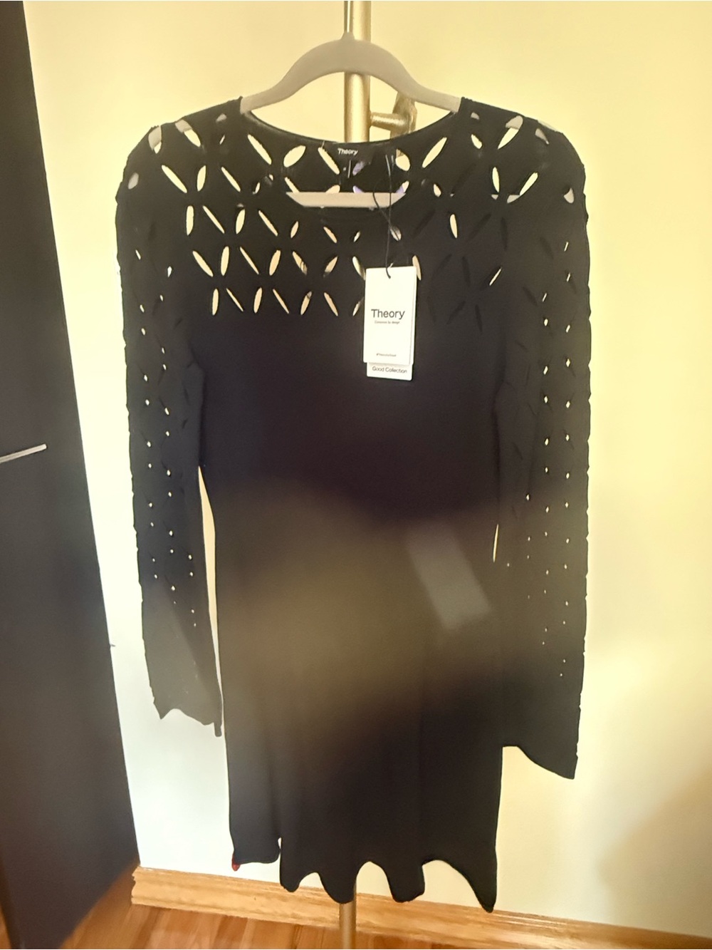 Theory Black Long-Sleeve Laser Cut Knit Dress